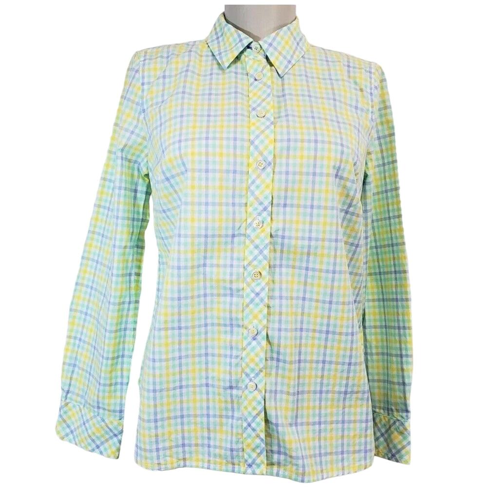 Talbots Plaid Button-up Shirt Cotton Womens Size L‎ yellow /green